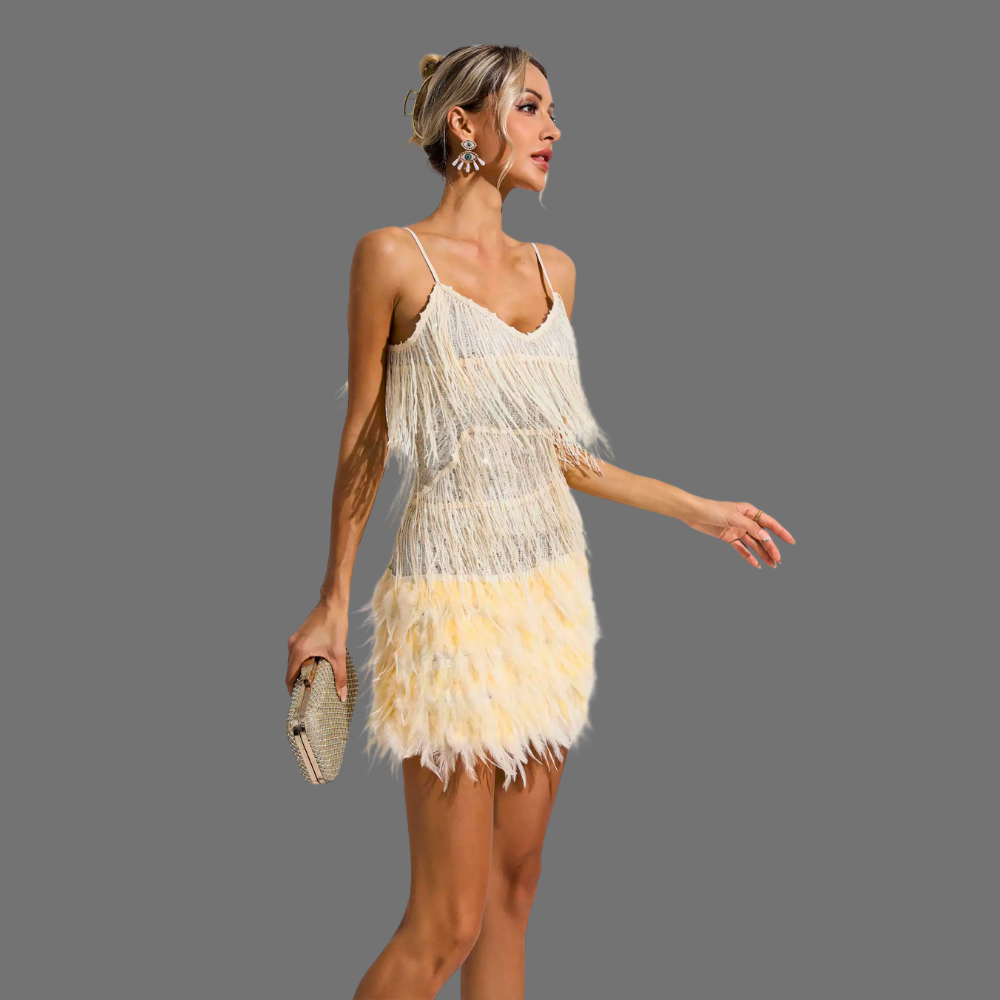 Golden Glow Fringe Mini Dress Elegance Crate