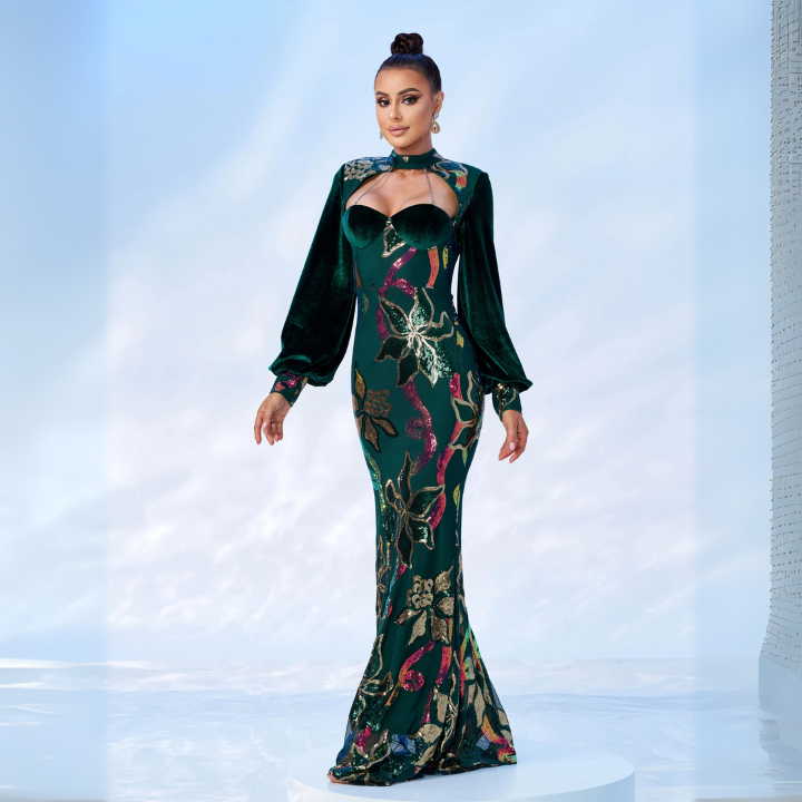 Emerald Bloom Sequin Gown Green