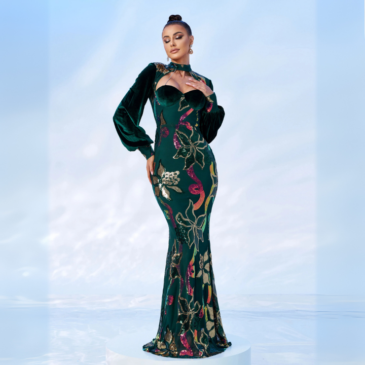 Emerald Bloom Sequin Gown Green