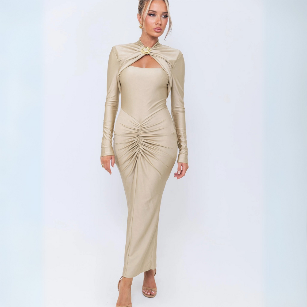 Gilded Elegance Ruched Gown