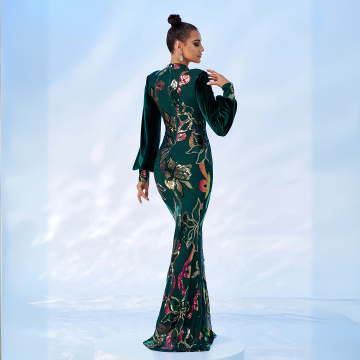 Emerald Bloom Sequin Gown Green