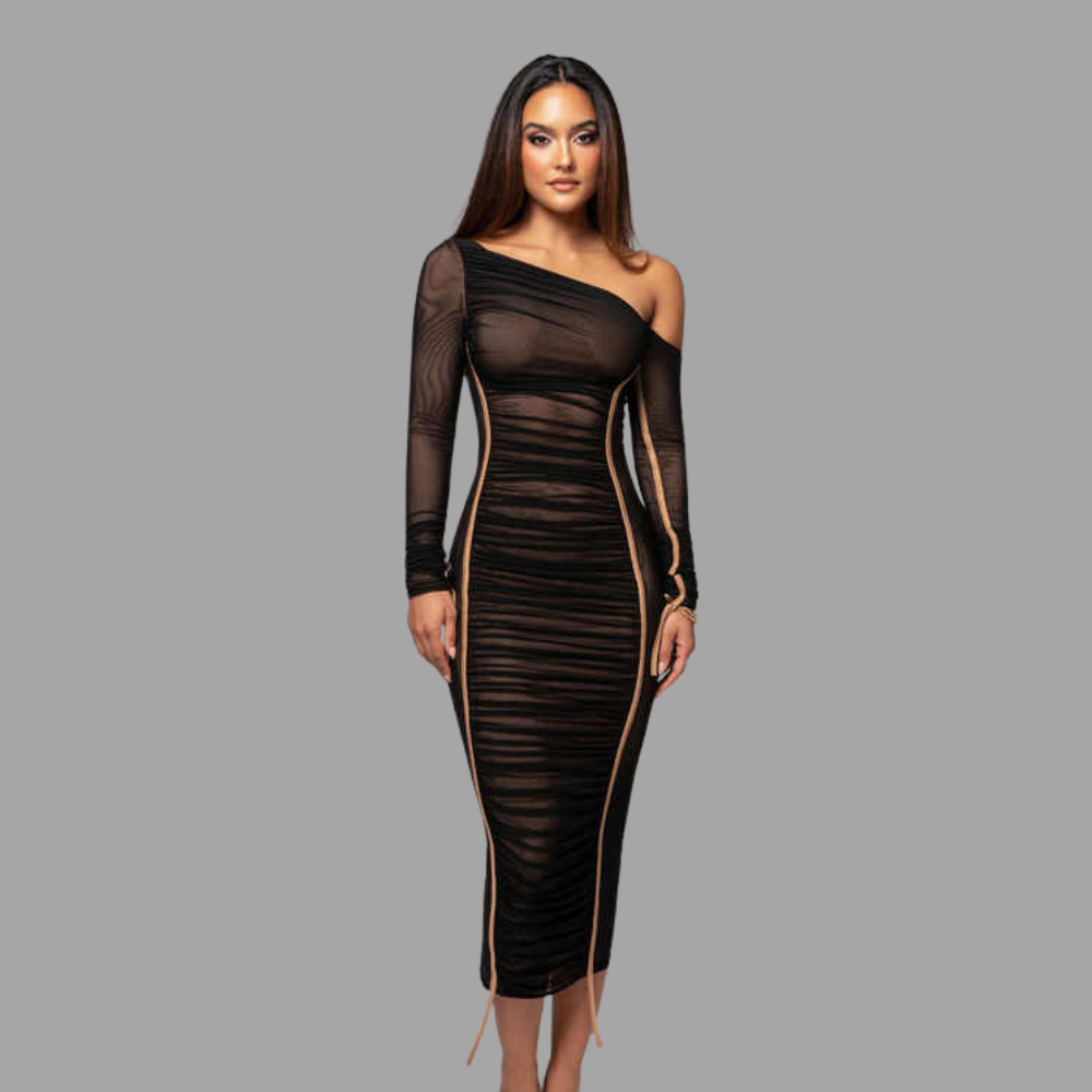 Sienna Asymmetric Ruched Midi Dress Elegance Crate