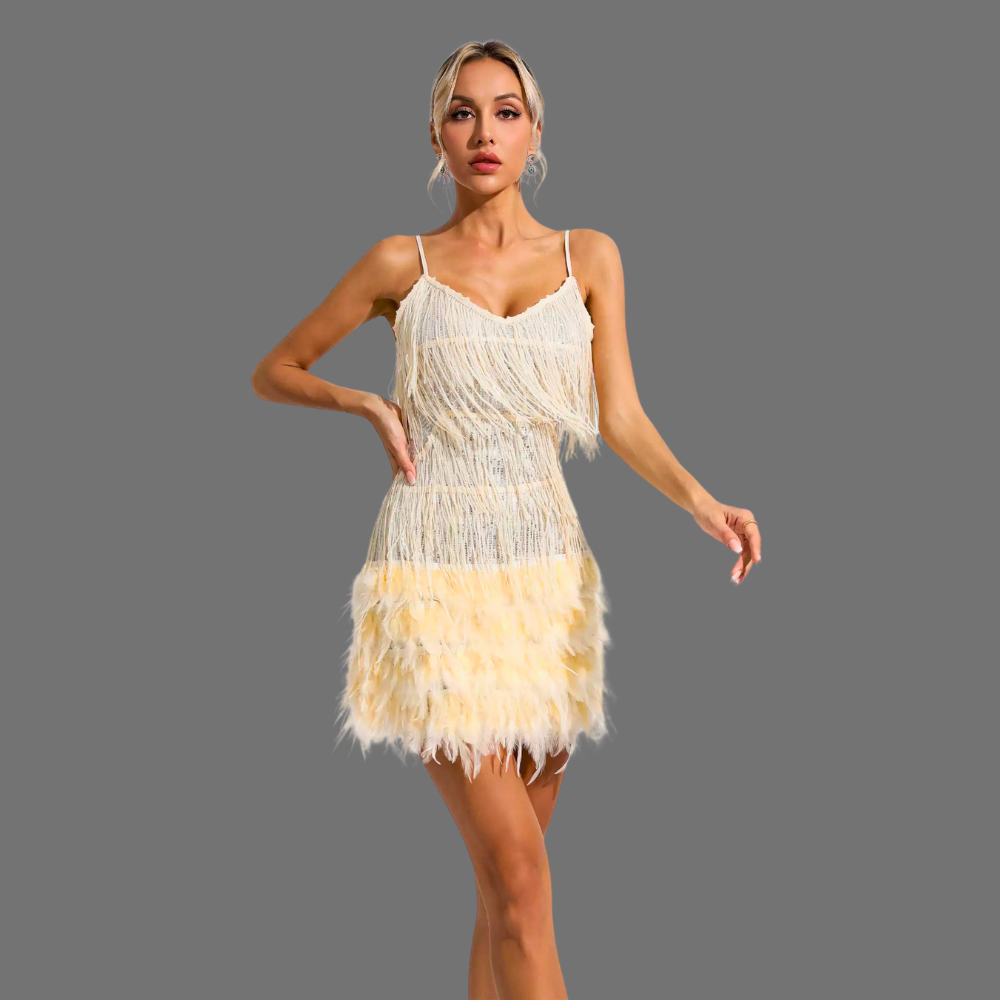 Golden Glow Fringe Mini Dress Elegance Crate