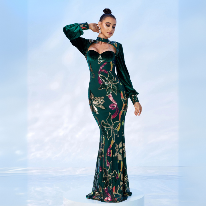 Emerald Bloom Sequin Gown Green