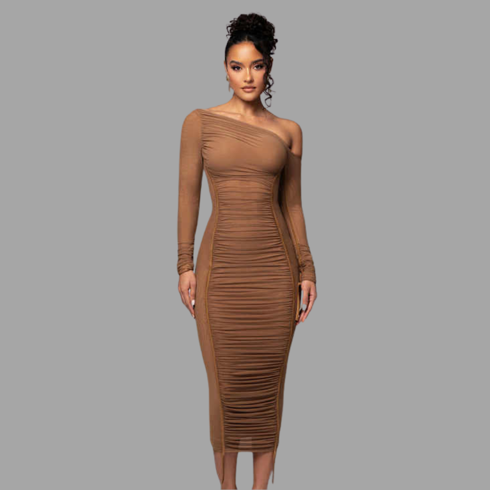 Sienna Asymmetric Ruched Midi Dress Elegance Crate