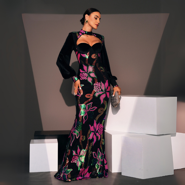 Emerald Bloom Sequin Gown Black