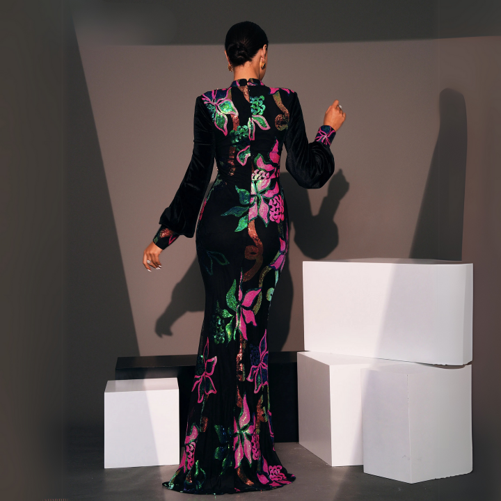 Emerald Bloom Sequin Gown Black