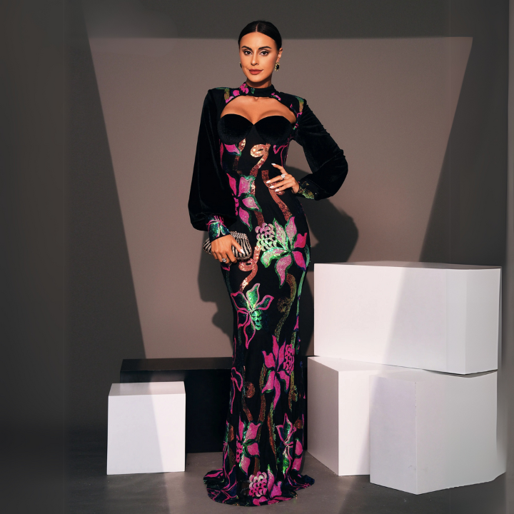 Emerald Bloom Sequin Gown Black