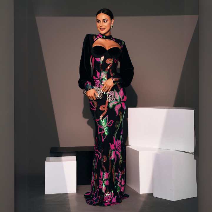 Emerald Bloom Sequin Gown Black