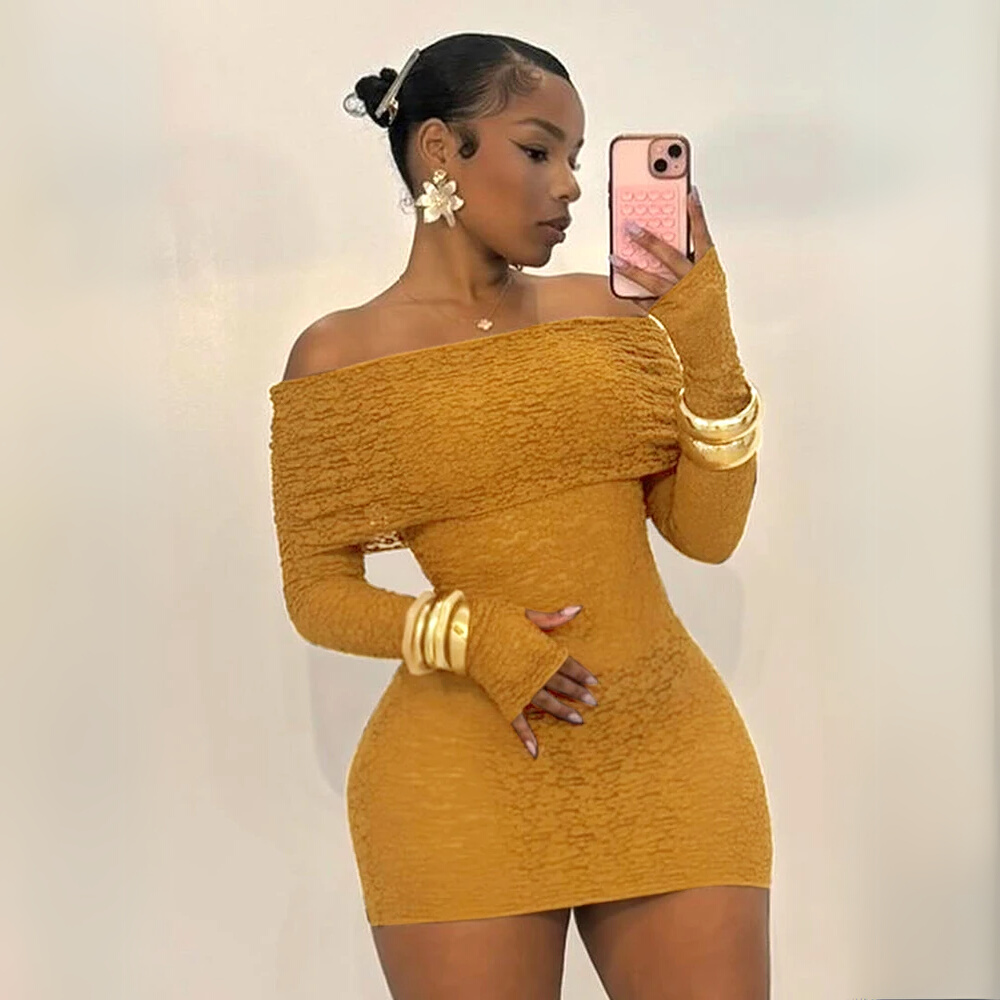 Off-Shoulder Mustard Textured Mini Dress