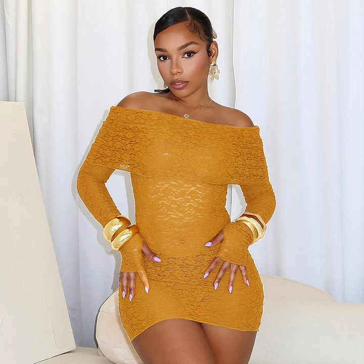Off-Shoulder Mustard Textured Mini Dress Elegance Crate