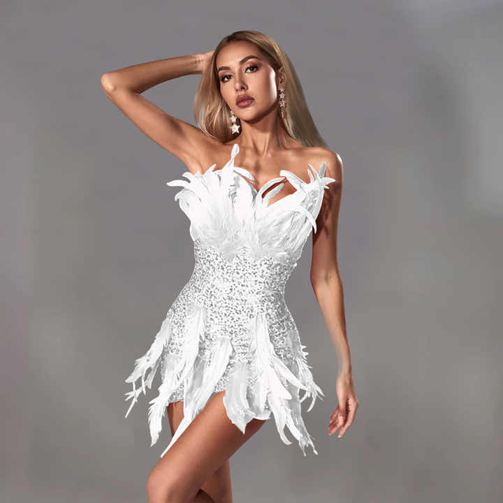 Aurora Feather Sequin Dress Elegance Crate