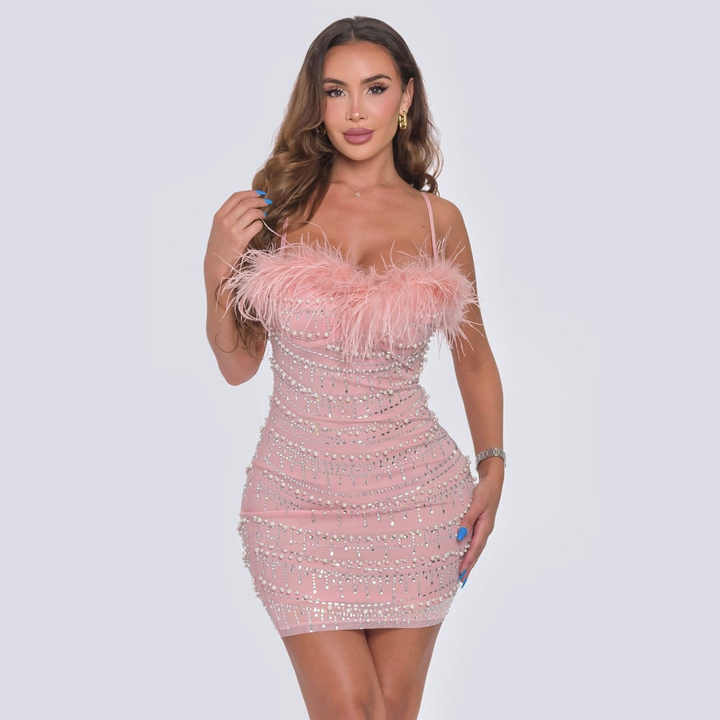 Samir Feathered Rhinestone Mini Dress Elegance Crate