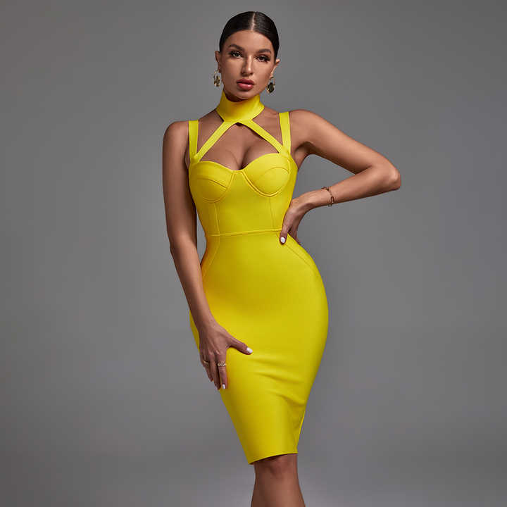 Turtleneck Yellow Slip Slit Dress Elegance Crate