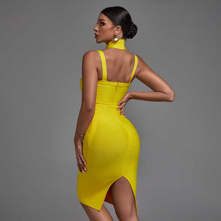Turtleneck Yellow Slip Slit Dress Elegance Crate