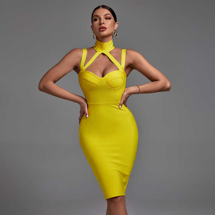 Turtleneck Yellow Slip Slit Dress Elegance Crate
