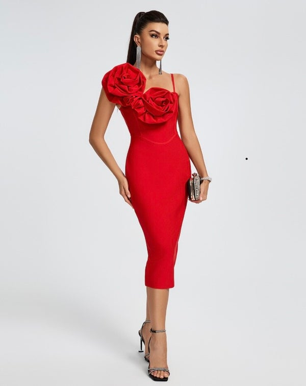 Scarlet Bloom Midi Dress Elegance Crate