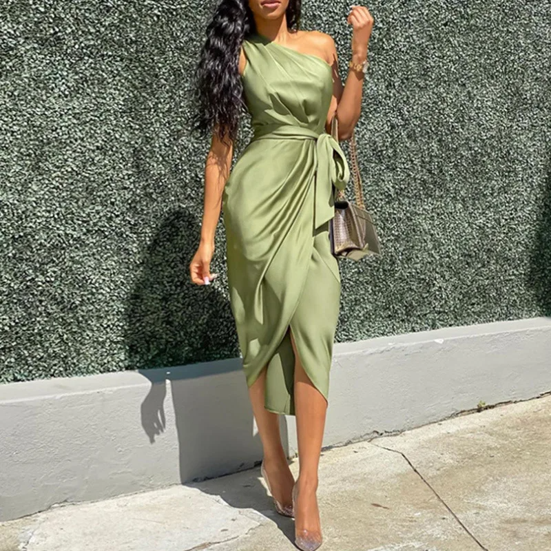 Olive Grace One-Shoulder Dress Green