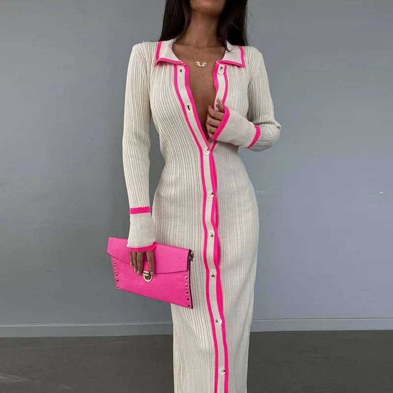 Elegant Ribbed Knit Button-Down Dress Pink