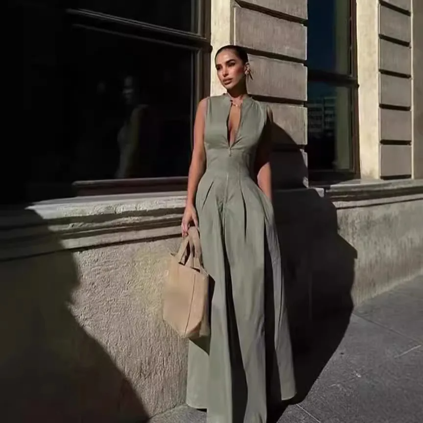 Olive Elegance Pleated Jumpsuit Green