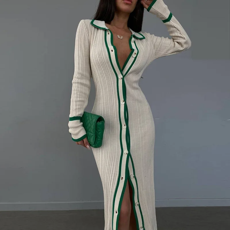 Elegant Ribbed Knit Button-Down Dress Green