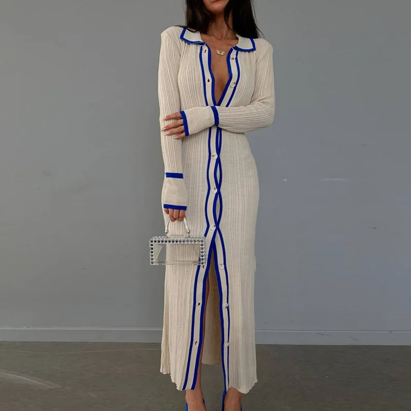 Elegant Ribbed Knit Button-Down Dress Blue