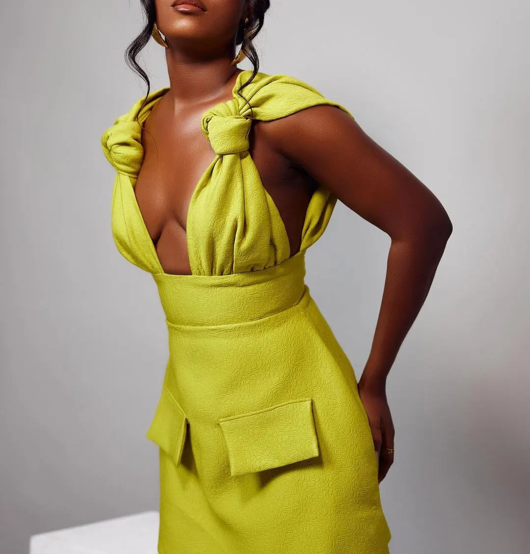 Lime Blossom Knot Mini Dress Yellow