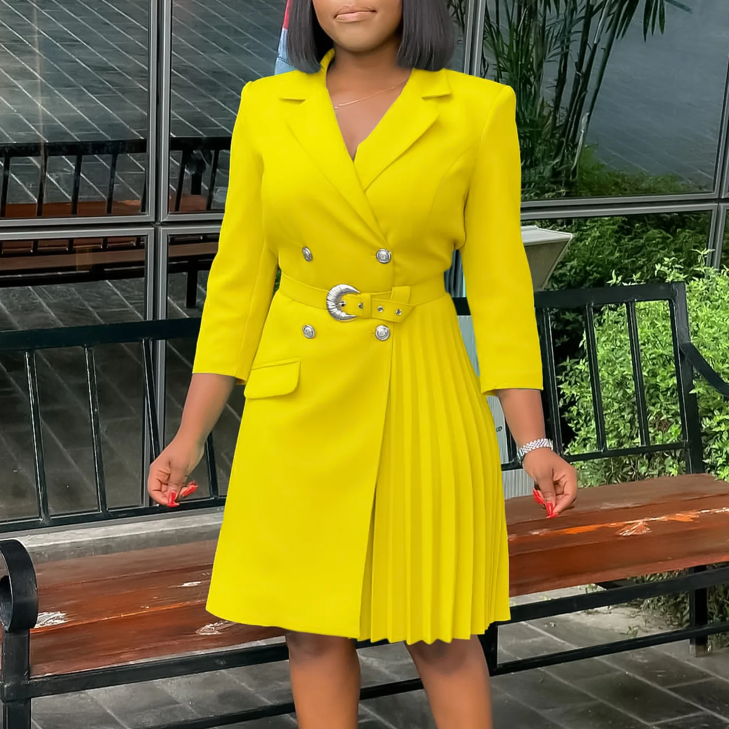 Noir Pleated Blazer Dress Yellow
