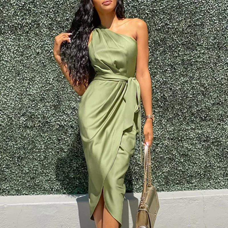 Olive Grace One-Shoulder Dress Green