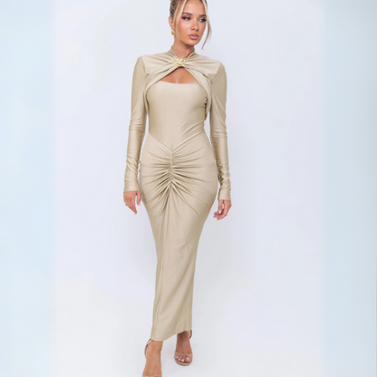 Gilded Elegance Ruched Gown