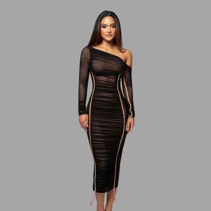 Sienna Asymmetric Ruched Midi Dress Elegance Crate