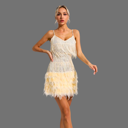 Golden Glow Fringe Mini Dress Elegance Crate