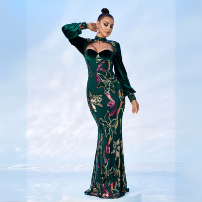 Emerald Bloom Sequin Gown Green