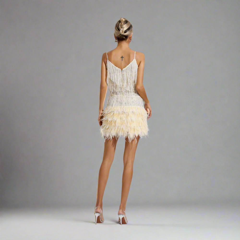 Golden Glow Fringe Mini Dress Elegance Crate